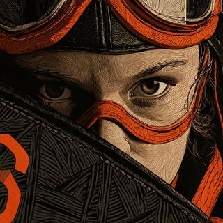 Cinder Gauge Engraving style, Midjourney V8.2: conceptual portrait photograph of Amelia Earhart