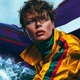 Peacock Lamella style, Midjourney V8.2: conceptual portrait photograph of Amelia Earhart