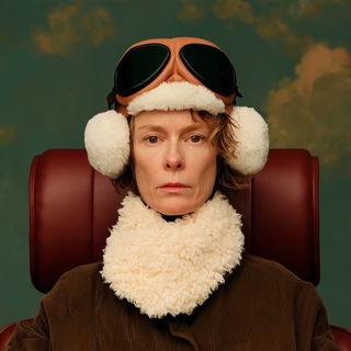 Cloudbranch Railway style, Midjourney V8.2: conceptual portrait photograph of Amelia Earhart