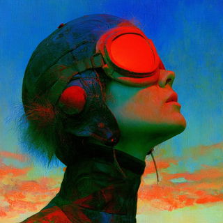 Chromacavalcade style, Midjourney V8.2: conceptual portrait photograph of Amelia Earhart