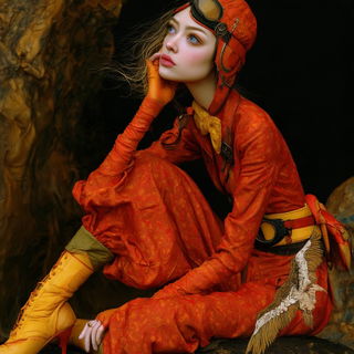 Vermilion Mordant style, Midjourney V8.2: conceptual portrait photograph of Amelia Earhart