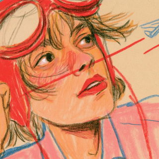 Crayoncomic style, Midjourney V8.2: conceptual portrait photograph of Amelia Earhart