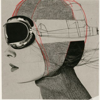 Graphite Anatomica style, Midjourney V8.2: conceptual portrait photograph of Amelia Earhart