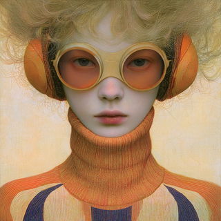 Ornacroma style, Midjourney V8.2: conceptual portrait photograph of Amelia Earhart