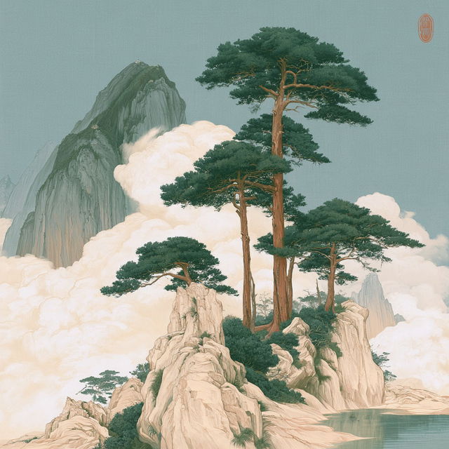 Pines Beneath the Cel Clouds style, Midjourney V8.2, render 3 of 4