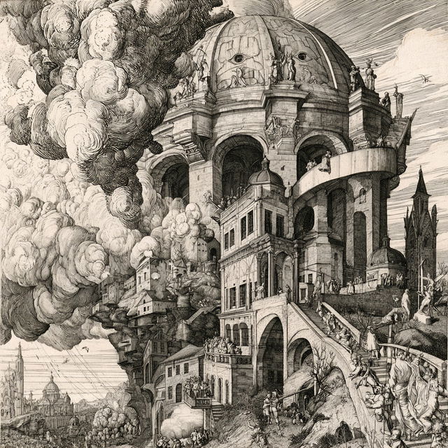 Engraved Megalopolis style, Midjourney V8.2, render 1 of 4