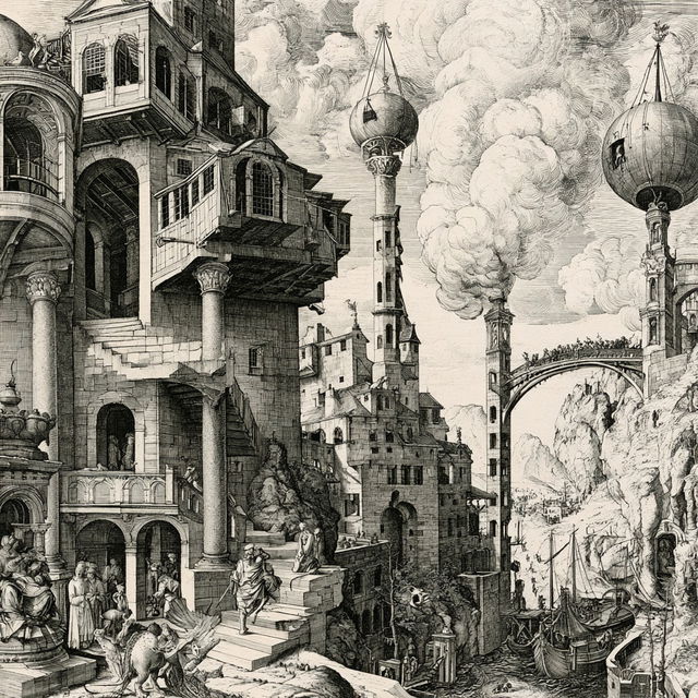 Engraved Megalopolis style, Midjourney V8.2, render 3 of 4