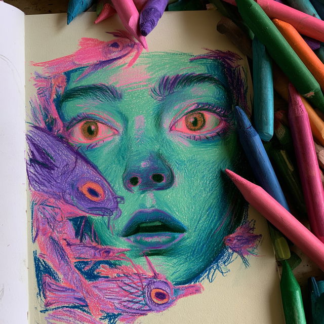 Crayon drawing style, Midjourney V8.2, render 3 of 4