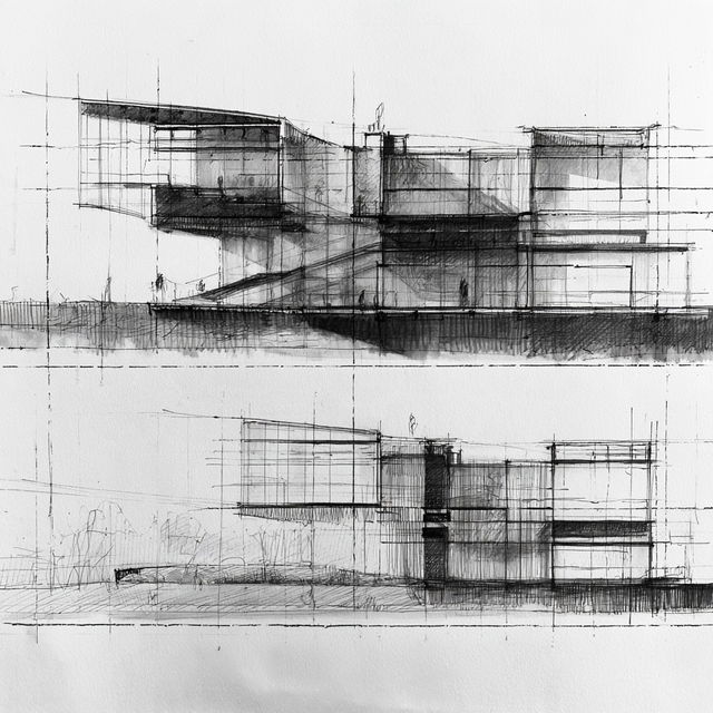 Elevation drawing style, Midjourney V8.2, render 1 of 4