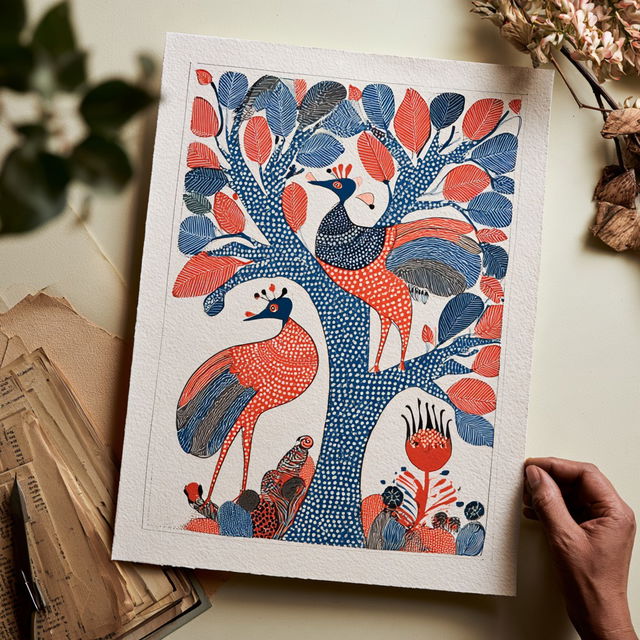 Gond painting style, Midjourney V8.2, render 2 of 4