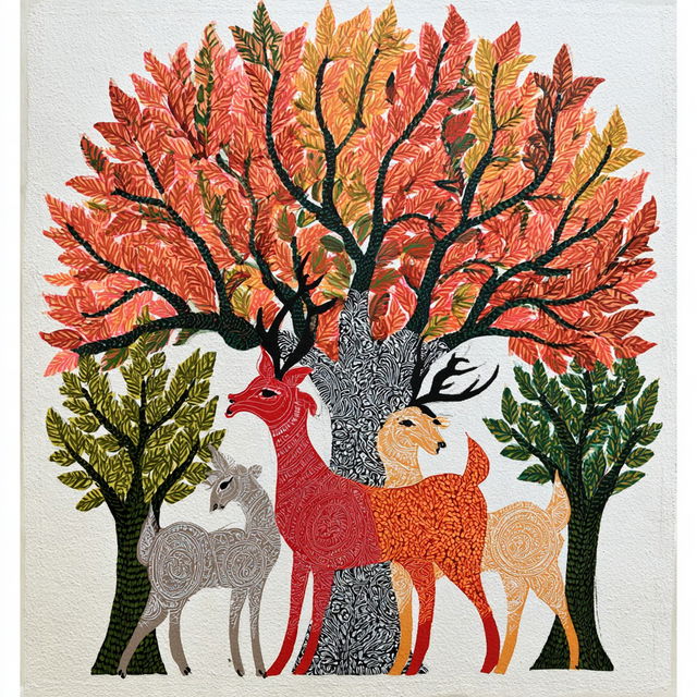 Gond painting style, Midjourney V8.2, render 1 of 4