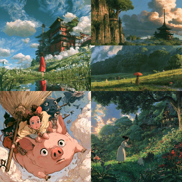 Hayao Miyazaki style, Midjourney V8.2, four renders