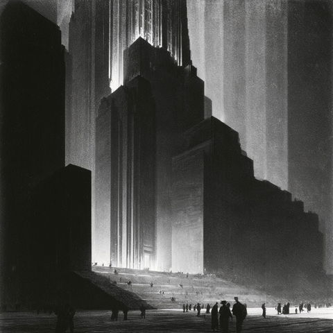 Hugh Ferriss style (Illustrators), Midjourney V8.2