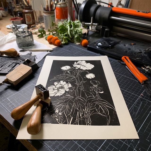 Linocut print style, Midjourney V8.2, render 2 of 4