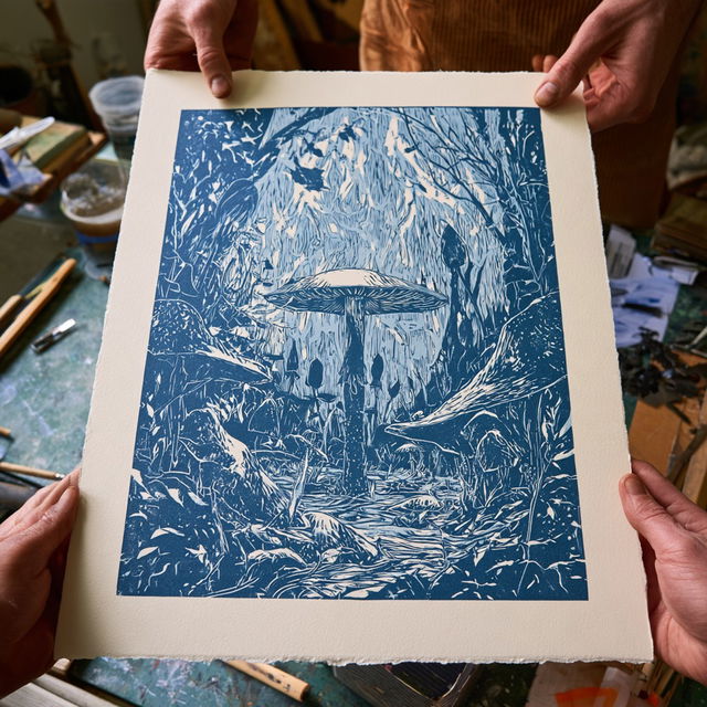 Linocut print style, Midjourney V8.2, render 1 of 4