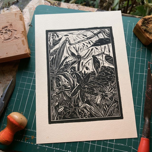 Linocut print style, Midjourney V8.2, render 4 of 4