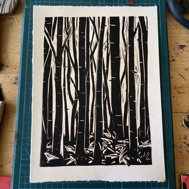 Linocut print style, Midjourney V8.2, render 3 of 4