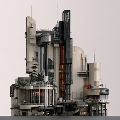 Neofuturist architecture style (Genres), Midjourney V8.2