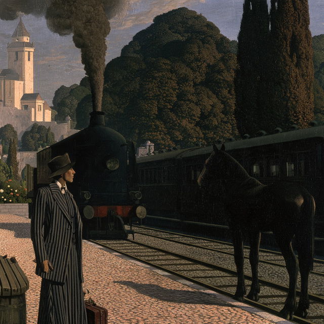 Paul Delvaux style, Midjourney V8.2, render 3 of 4