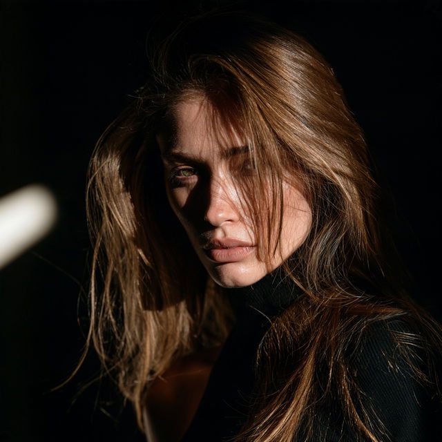 Portrait shot with hard lighting style, Midjourney V8.2, render 2 of 4