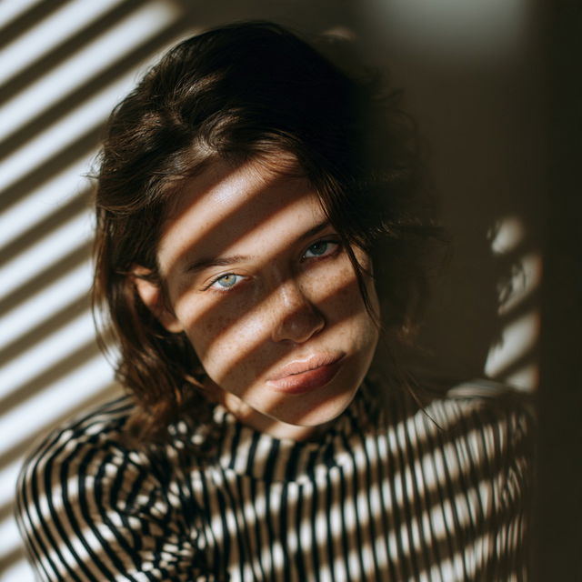 Portrait shot with light and shadow from window blinds style, Midjourney V8.2, render 2 of 4