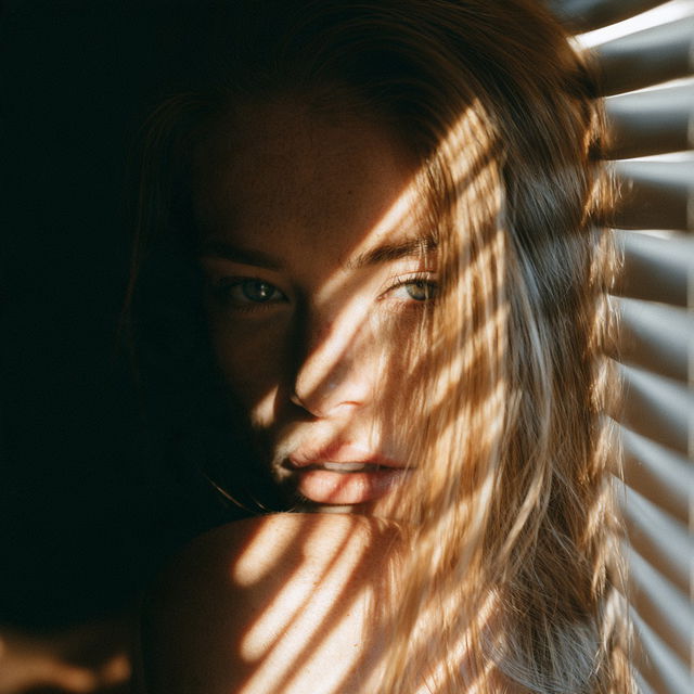 Portrait shot with light and shadow from window blinds style, Midjourney V8.2, render 4 of 4