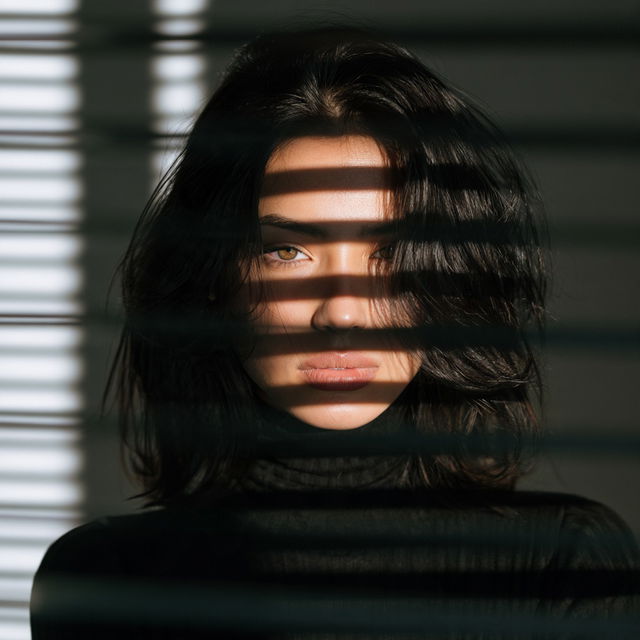 Portrait shot with light and shadow from window blinds style, Midjourney V8.2, render 3 of 4