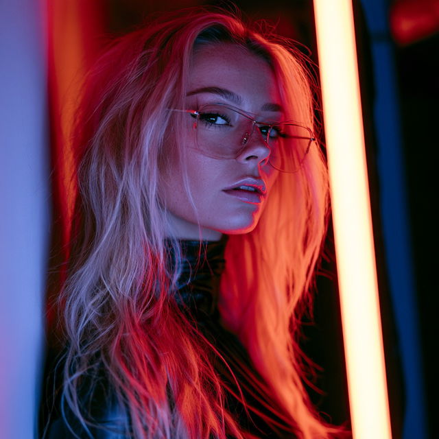 Portrait shot with neon lighting style, Midjourney V8.2, render 1 of 4