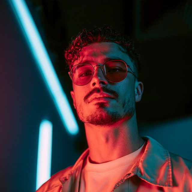Portrait shot with neon lighting style, Midjourney V8.2, render 3 of 4