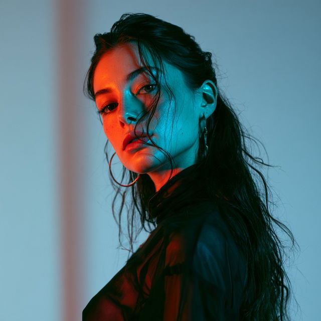 Portrait shot with peach and cyan lighting style, Midjourney V8.2, render 2 of 4