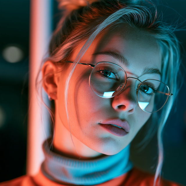 Portrait shot with peach and cyan lighting style, Midjourney V8.2, render 1 of 4
