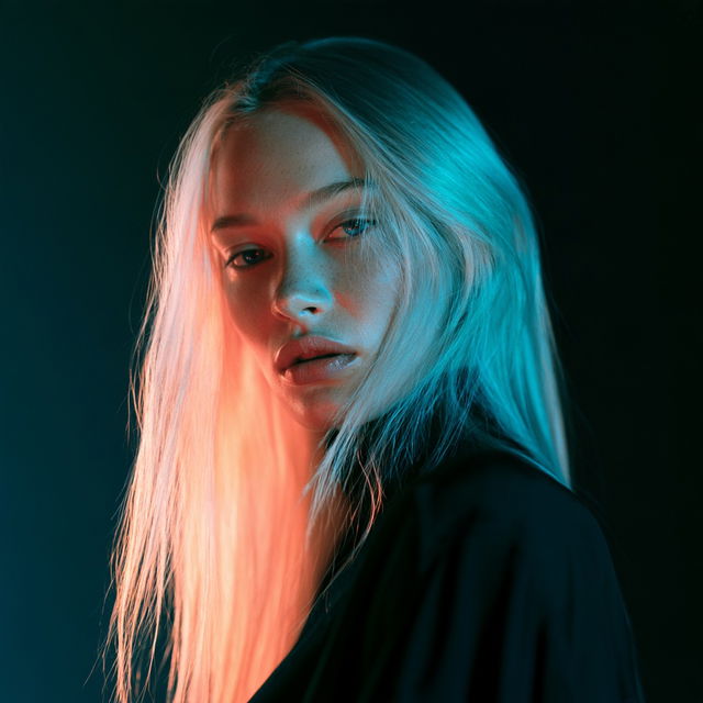 Portrait shot with peach and cyan lighting style, Midjourney V8.2, render 4 of 4