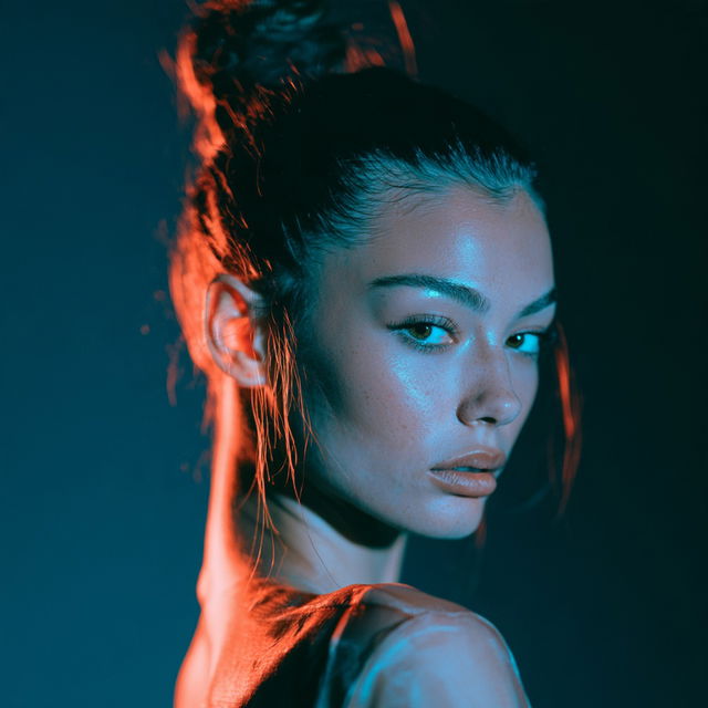 Portrait shot with peach and cyan lighting style, Midjourney V8.2, render 3 of 4