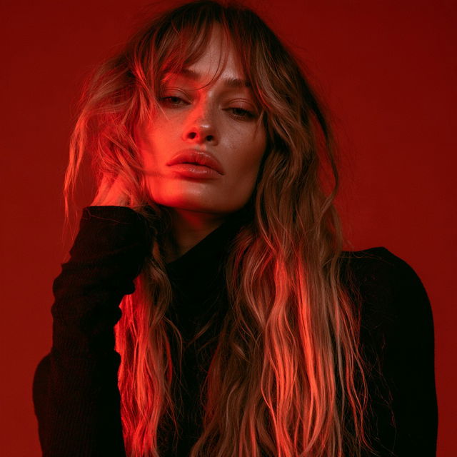 Portrait shot with red light style, Midjourney V8.2, render 1 of 4
