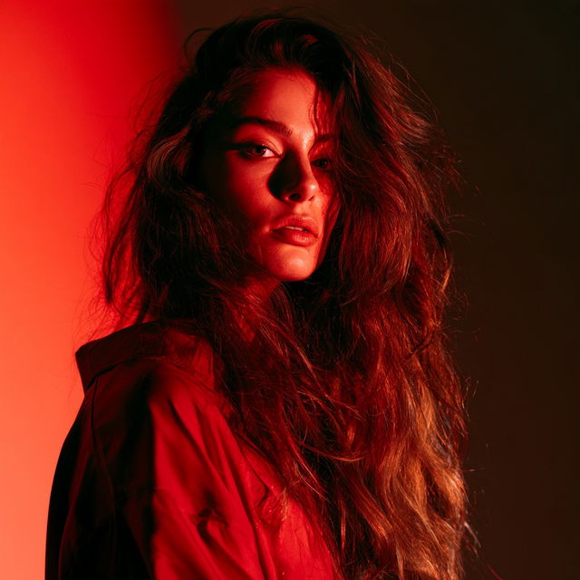 Portrait shot with red light style, Midjourney V8.2, render 3 of 4