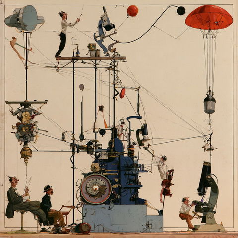 Rube Goldberg style (Illustrators), Midjourney V8.2