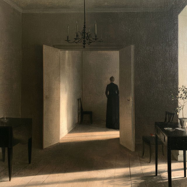 Vilhelm Hammershoi style, Midjourney V8.2, render 2 of 4