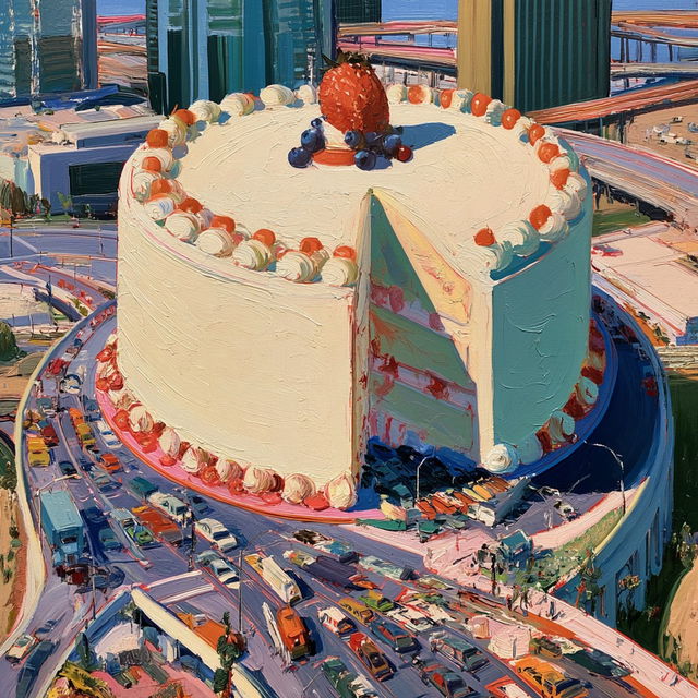 Wayne Thiebaud style, Midjourney V8.2, render 3 of 4