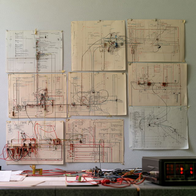 Wiring diagrams style, Midjourney V8.2, render 2 of 4