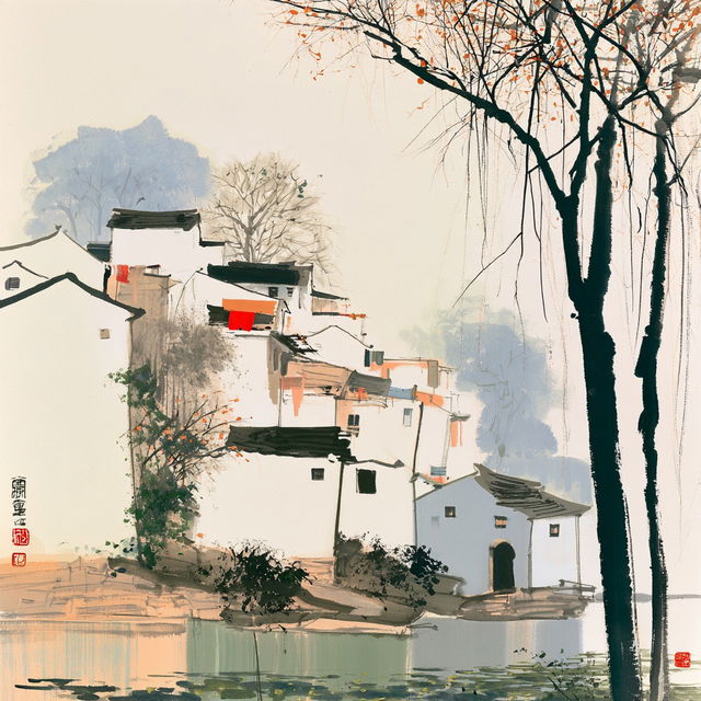 Wu Guanzhong style, Midjourney V8.2, render 2 of 4