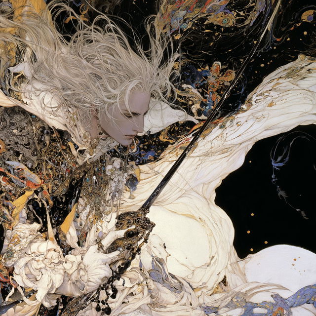 Yoshitaka Amano style, Midjourney V8.2, render 4 of 4